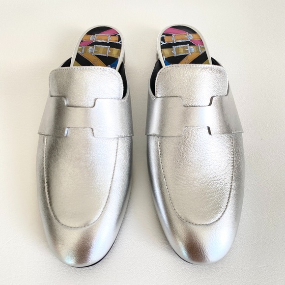 HERMES H CATENA SILVER LEATHER MULES FLIP FLOPS SHOES FLAT SLIDES 35.5 - Picture 11 of 16